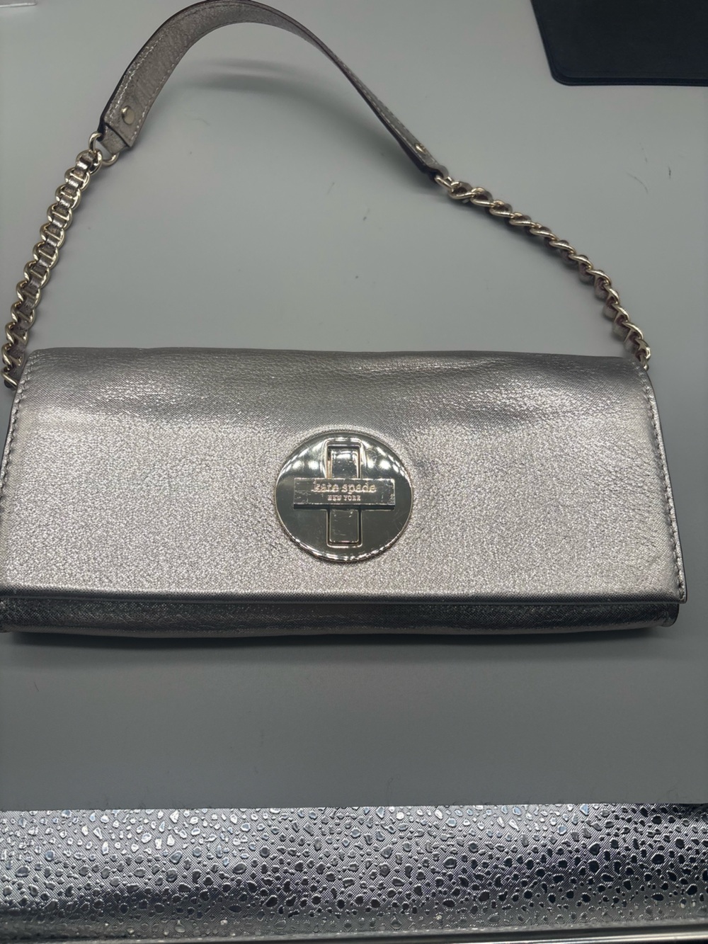 Kate Spade Silver Metallic Wallet On Chain Clutch Bag